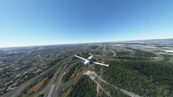 the plane takes off from the airport, the plane flies over the ground, the propeller plane flies 3d render