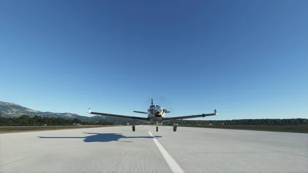 the plane takes off from the airport, the plane flies over the ground, the propeller plane flies 3d render