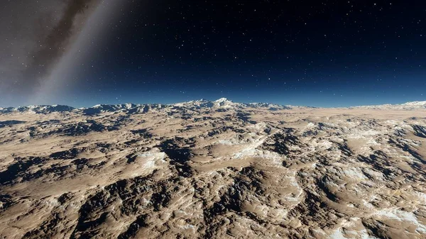 realistic surface of an alien planet, view from the surface of an exo-planet, canyons on an alien planet, stone planet, desert planet 3d render