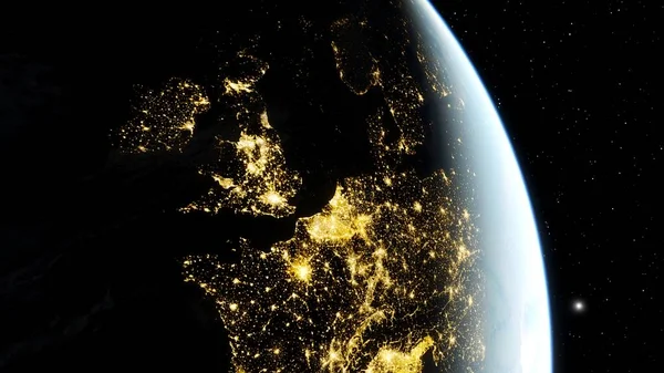 Europe from space, earth lights from space, city lights from space, EU satellite view 3D render