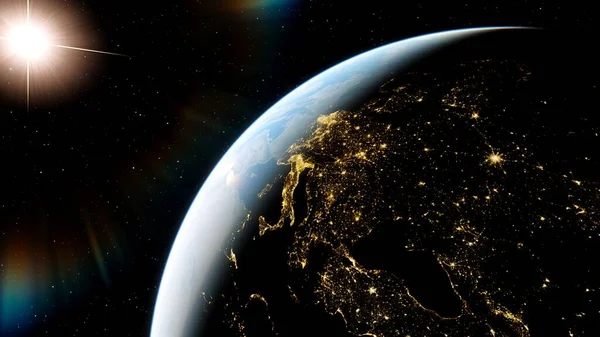 Europe from space, earth lights from space, city lights from space, EU satellite view 3D render
