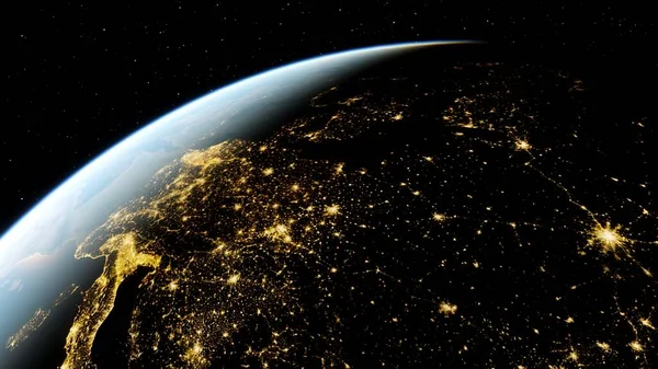 Europe from space, earth lights from space, city lights from space, EU satellite view 3D render