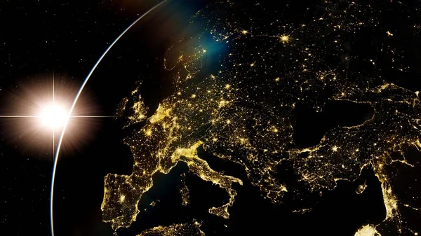 Europe from space, earth lights from space, city lights from space, EU satellite view 3D render