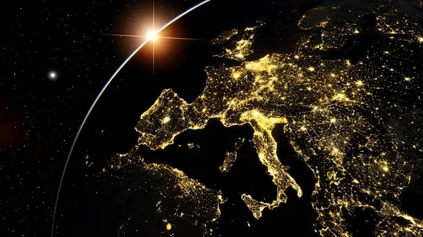 Europe from space, earth lights from space, city lights from space, EU satellite view 3D render