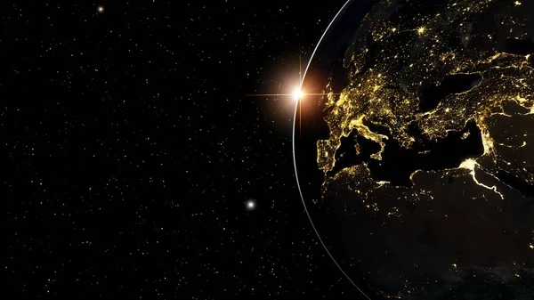 Europe from space, earth lights from space, city lights from space, EU satellite view 3D render