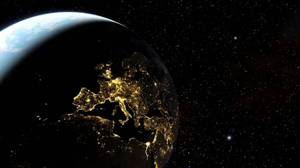 Europe from space, earth lights from space, city lights from space, EU satellite view 3D render