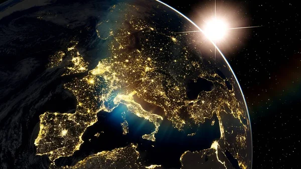 Europe from space, earth lights from space, city lights from space, EU satellite view 3D render