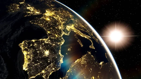 Europe from space, earth lights from space, city lights from space, EU satellite view 3D render