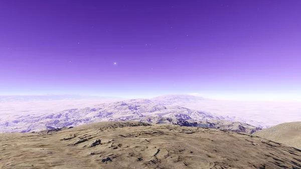 The surface of a distant planet. Unusual terrain of exoplanet, planet surface 3d render