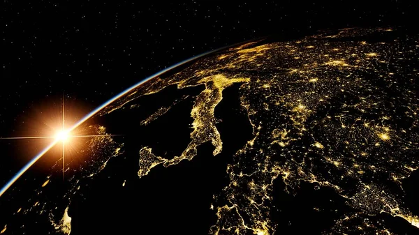 Europe from space, lights of europe from space, night Europe from space 3d render