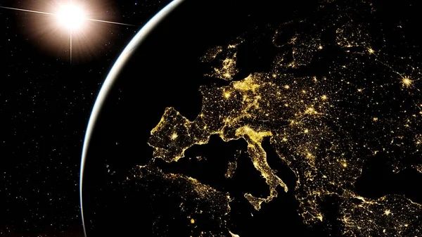 Europe from space, lights of europe from space, night Europe from space 3d render