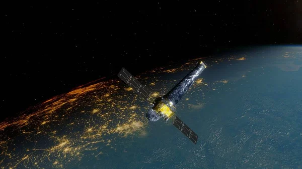 realistic satellite in orbit of the Earth, artificial satellite of telecommunications, satellite communications from Earth orbit, probe in Earth orbit 3d render