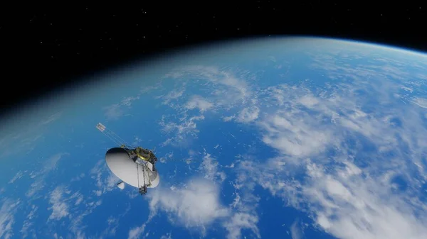 realistic satellite in orbit of the Earth, artificial satellite of telecommunications, satellite communications from Earth orbit, probe in Earth orbit 3d render