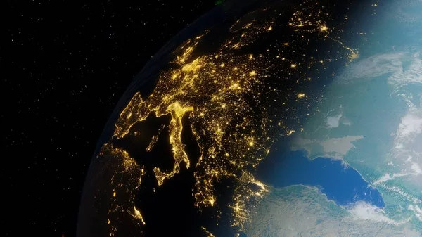 Europe from space, night Europe from space, lights of European cities 3d render