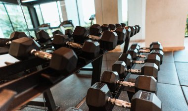 Spor salonunda günbatımının ışığı altında sıra sıra halterler.