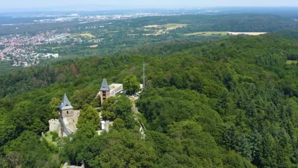 Widok Lotu Ptaka Zamek Burg Frankenstein Pobliżu Mhltal Niemczech Słoneczny — Wideo stockowe