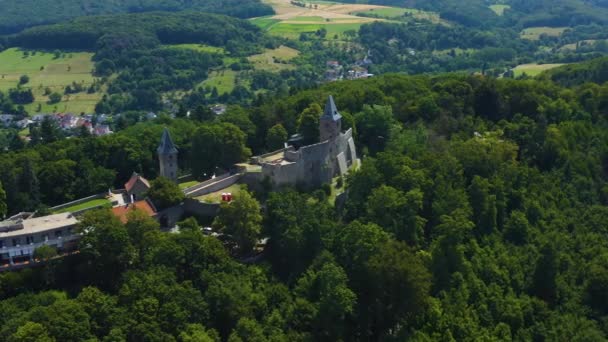 Widok Lotu Ptaka Zamek Burg Frankenstein Pobliżu Mhltal Niemczech Słoneczny — Wideo stockowe