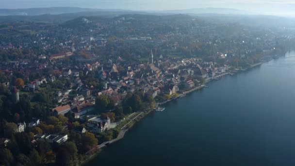 Luchtfoto Van Stad Ueberlingen Naast Het Bodenmeer Duitsland Een Zonnige — Stockvideo