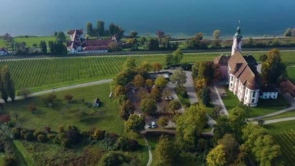 Luftaufnahme Des Klosters Birnau Und Des Schlosses Maurach Bodensee Einem — Stockvideo