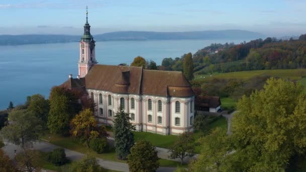 Luftaufnahme Des Klosters Birnau Und Des Schlosses Maurach Bodensee Einem — Stockvideo