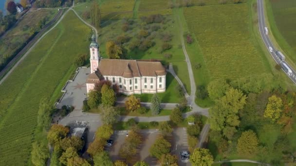 Αεροφωτογραφία Του Μοναστηριού Birnau Και Του Παλατιού Maurach Δίπλα Στη — Αρχείο Βίντεο
