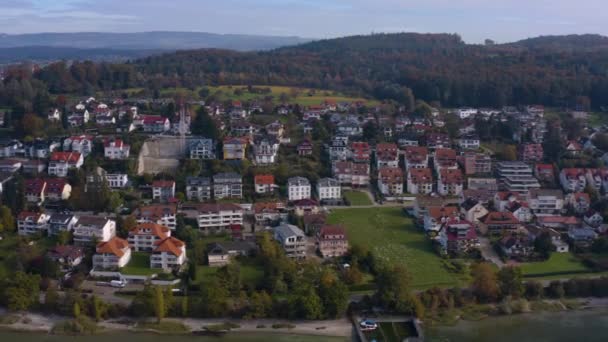 Vista Aérea Cidade Unteruhldingen Lado Lago Constança Alemanha Dia Ensolarado — Vídeo de Stock