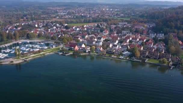Vista Aérea Ciudad Unteruhldingen Junto Lago Constanza Alemania Día Soleado — Vídeos de Stock