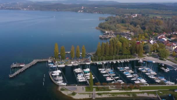 Vista Aérea Ciudad Unteruhldingen Junto Lago Constanza Alemania Día Soleado — Vídeo de stock