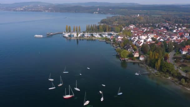 Vista Aérea Ciudad Unteruhldingen Junto Lago Constanza Alemania Día Soleado — Vídeos de Stock
