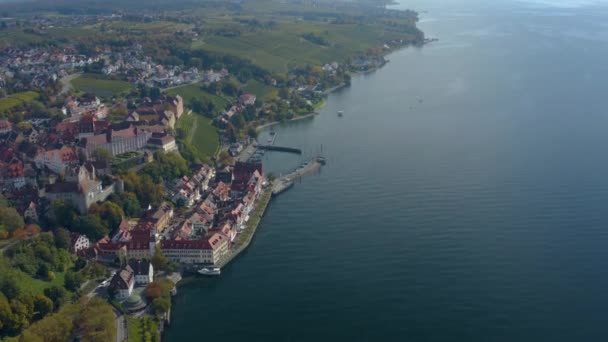 Vista Aérea Ciudad Meersburg Junto Lago Constanza Alemania Día Soleado — Vídeo de stock