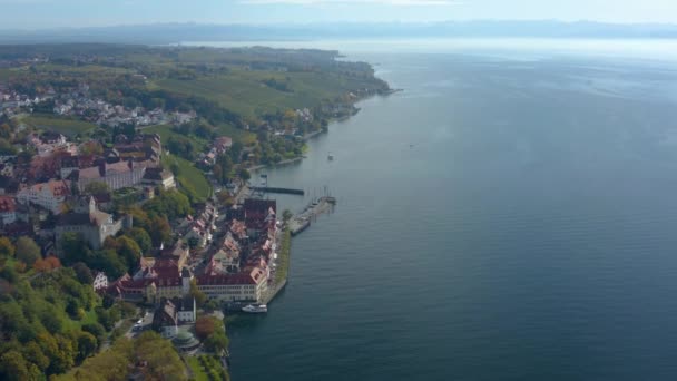 Vista Aérea Ciudad Meersburg Junto Lago Constanza Alemania Día Soleado — Vídeo de stock