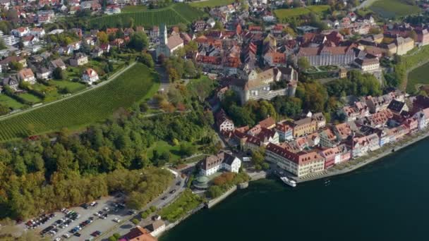 Vista Aérea Ciudad Meersburg Junto Lago Constanza Alemania Día Soleado — Vídeo de stock