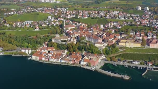 Vista Aérea Ciudad Meersburg Junto Lago Constanza Alemania Día Soleado — Vídeo de stock