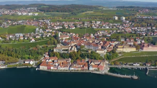 Vista Aérea Ciudad Meersburg Junto Lago Constanza Alemania Día Soleado — Vídeo de stock