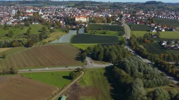 Letecký Pohled Město Tetnang Blízkosti Jezera Constance Německu Slunečného Podzimního — Stock video