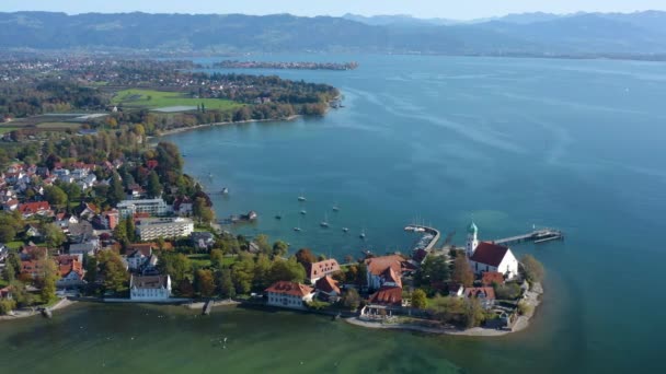 Vista Aérea Del Pueblo Wasserburg Junto Lago Constanza Alemania Día — Vídeo de stock