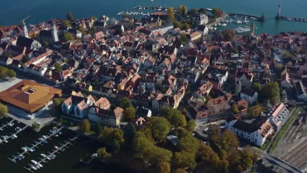 Vista Aérea Ciudad Isla Lindau Lago Constanza Día Soleado Otoño — Vídeo de stock