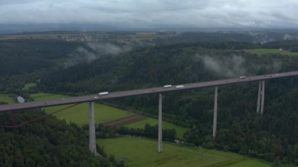 Aerial View Highway Autobahn Bridge Germany Cloudy Fogy Morning Fall — Stock Video