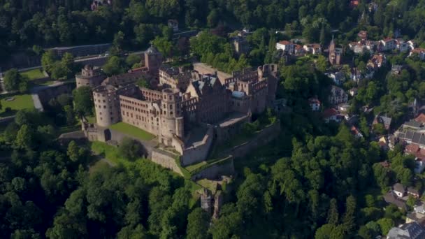ドイツの町や城の古い歴史的な部分のハイデルベルクの空中ビュー 春の晴れた朝に — ストック動画