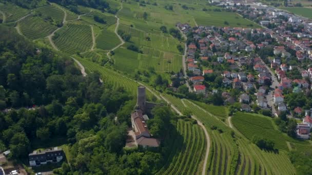 Luftaufnahme Der Stadt Schriesheim Und Der Strahlenburg Einem Sonnigen Frühlingstag — Stockvideo