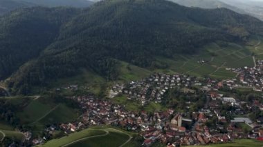 Almanya 'daki Yburg Kalesi' nin etrafındaki hava manzarası. Güneşli bir yaz sabahında.