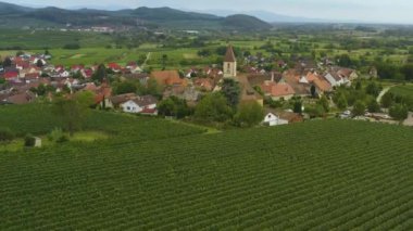 Yazın güneşli bir günde Almanya 'da Burkheim am Kaiserstuhl köyünün hava manzarası.