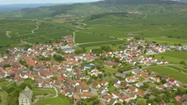 Yazın güneşli bir günde Almanya 'da Burkheim am Kaiserstuhl köyünün hava manzarası.