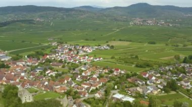Yazın güneşli bir günde Almanya 'da Burkheim am Kaiserstuhl köyünün hava manzarası.