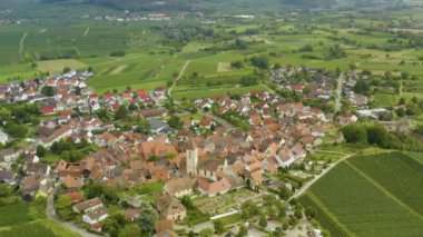 Yazın güneşli bir günde Almanya 'da Burkheim am Kaiserstuhl köyünün hava manzarası.