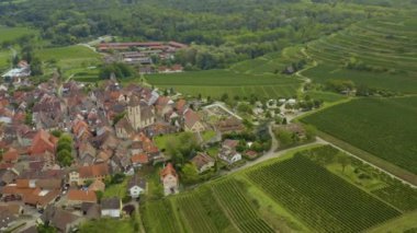 Yazın güneşli bir günde Almanya 'da Burkheim am Kaiserstuhl köyünün hava manzarası.