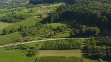 Almanya 'da Obereggenen ve Niedereggenen köylerinin etrafındaki tarlaların havadan görünüşü yazın güneşli bir sabahında Kara Orman' da. 