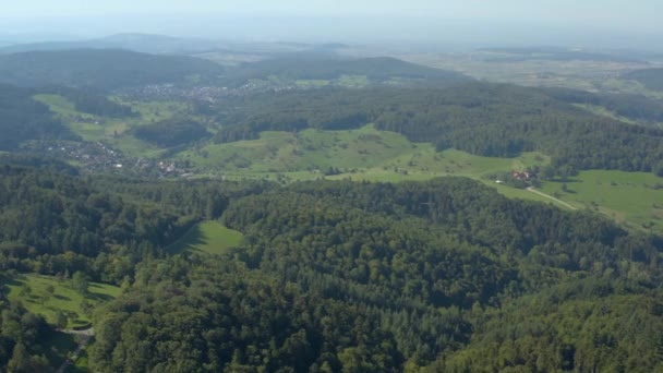 夏の晴れた朝に黒い森の中でドイツのシュロス ブエルゲン宮殿の空中写真 — ストック動画
