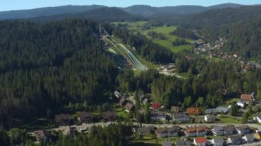 Yazın güneşli bir günde Almanya 'da Titisee yakınlarındaki Hinterzarten köyünün hava manzarası.