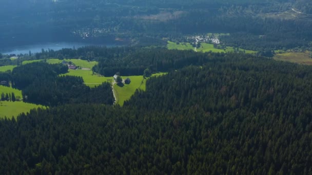 夏の晴れた日に黒い森の中でドイツのTitiseeに近い村Hinterzarten周辺の空中ビュー — ストック動画